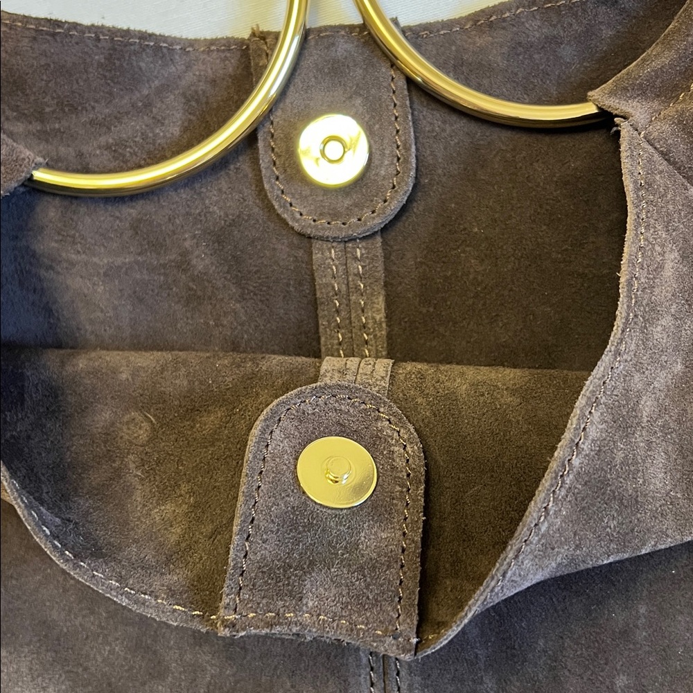 Claudia Firenze Suede Crossbody Slouchy Hobo Tote Bag Chocolate Brown Gold Ring - Picture 6 of 16